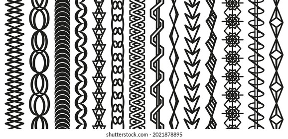 Hirnschmuck. Gestricke, geflochtene grafische Linien und gestrickte Grafiken, Vektorset für Rahmen oder Rahmen