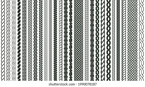 Braid seamless borders. Braided nautical plaits, knotted braids ornaments isolated vector symbols set. Braids weaving elements pattern, braided and twisted decorative illustration