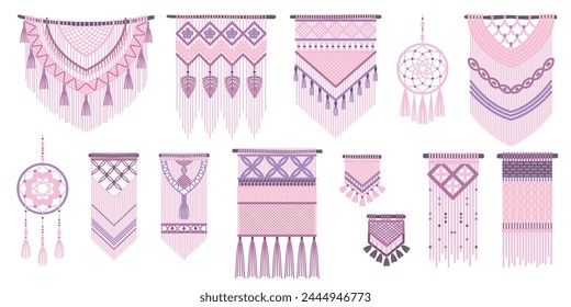 Decoraciones boho trenzadas. Colgante de pared de macramé, Elementos interiores tejidos, acogedora habitación moderna, cuerdas de punto, accesorios para el hogar, atrapasueños. Conjunto de Vector ordenado aislado de estilo plano de dibujos animados