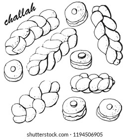 Braided bread, Challah - jewish traditional holiday bread, black and white set. isolated on white background vector illustration