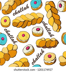 Braided bread, Challah - jewish traditional holiday bread, donuts, set. seamless pattern, isolated on white background vector illustration