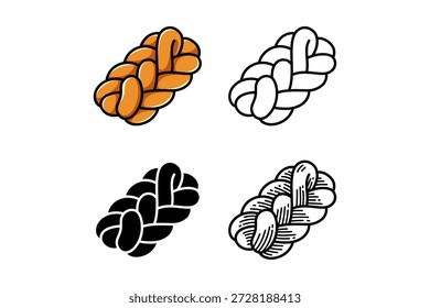 Geflochtenes Brot, Challah Laib, Geflochtenes Brot, Geflochtenes Laib Ikone Design Set mit bunten, Umriss, solide und graviert Stil für Snack, Cafés, Essen, kulinarisch. Vektorgrafik