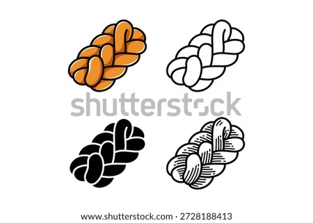 Braided bread, Challah loaf, Woven bread, Plaited loaf icon design set with colorful, outline, solid and engraved style for snack, cafes, food, culinary. Vector illustration