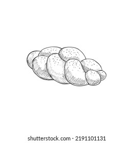 Braided bread isolated monochrome sketch. Vector bakery product of wheat dough, pastry food