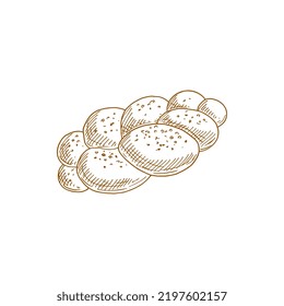 Braided bread isolated monochrome sketch. Vector bakery product of wheat dough, pastry food