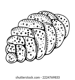 Gebackenes Brot einzeln auf Monochrom-Skizze. Vektorbäckereierzeugnis aus Weizenteig, Backwaren