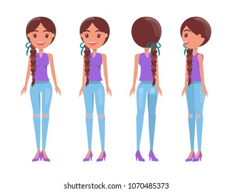 Braided brunette girl in purple t-shirt and ripped jeans. Casual elegant looks of young girl from all sides. Female character in stylish clothes vector