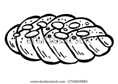 Braided bun with almonds pastry in hand drawn outline style. Black and white vector illustration designed for coloring pages. Dessert artwork for bakery menus, cafe branding and food design projects.
