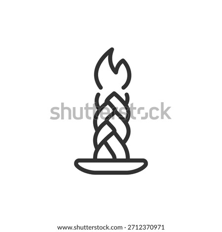 Braided candle on stand, linear icon. Havdalah. Ritual flame and ceremonial lighting. Line with editable stroke.