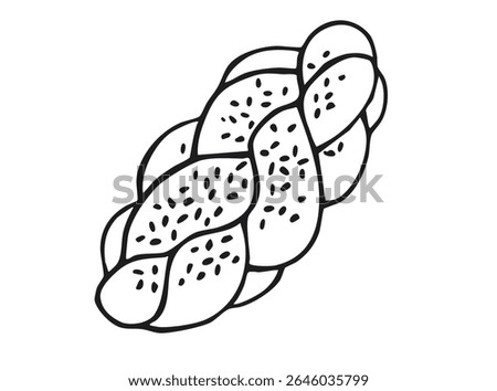 Braided challah bread with sesame seeds. Black and white outline illustration isolated on white background