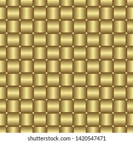 Braided golden ribbons. Seamless pattern with weave ornament. Background in macro style. Woven fiber for design. Texture wicker ribbons. Realistic woven fiber. Repeating background. Gold ribbons