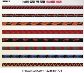 Plaits and braids pattern brushes. Knitting, braided ropes vector