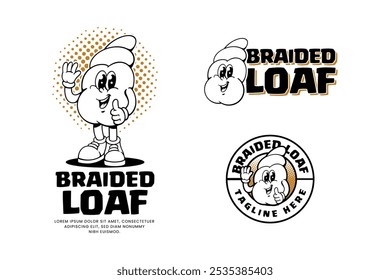 braided loaf bakery outline retro cartoon character mascot illustration with standing pose, showing waving and nice hand for pastry, dessert, restaurant, bake shop mascots and merchandise