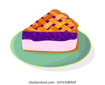 Braided piece pie with blueberries cranberries filling, with white base of cottage cheese. Ready dessert for cafe, menu. Cartoon-style illustration detailed isolated on white background