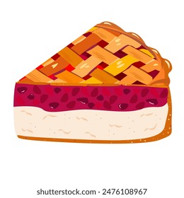 Braided piece pie with cherry or strawberry filling, with white base of cottage cheese. Ready dessert for cafe, menu. Cartoon-style illustration detailed isolated on white background
