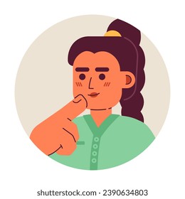 Braided ponytail caucasian girl stroking chin 2D vector avatar illustration. Braid european woman thinking hard cartoon character face. Choice making flat color user profile image isolated on white