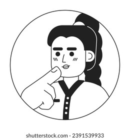 Braided ponytail caucasian girl stroking chin black and white 2D vector avatar illustration. Braid european woman thinking hard outline cartoon character face isolated. Choice making flat portrait