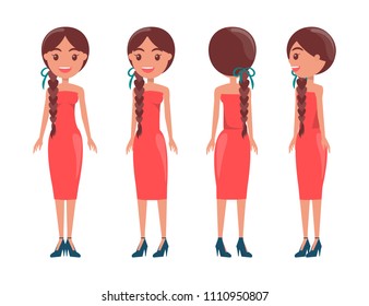 Braided pretty women in elegant stylish dress all sides of view. Lady wears fashionable outfits. Girls with colorful dress vector illustrations set.