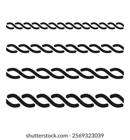 Braided rope elements. Abstract wave patterns. Horizontal black strands. Vector illustration.