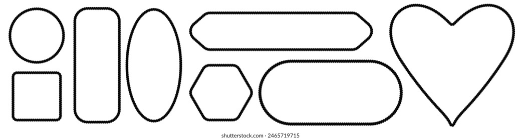 Marco de cuerda trenzado. Colección de bordes en cuadrados, círculos y óvalos. Vector de Elementos finos y gruesos aislados sobre fondo blanco.