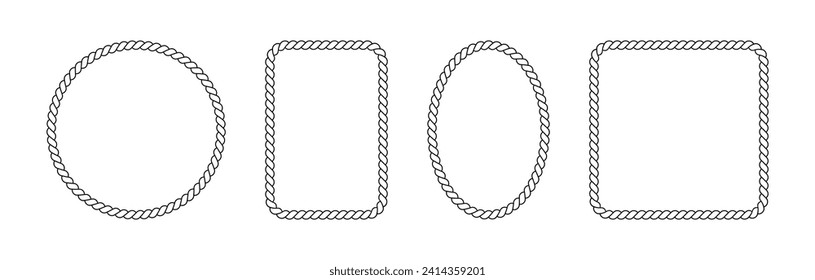 Braided rope frames. Collection of borders in the shape of square, circle and oval. Vector pack of thin and thick elements isolated on a white background.