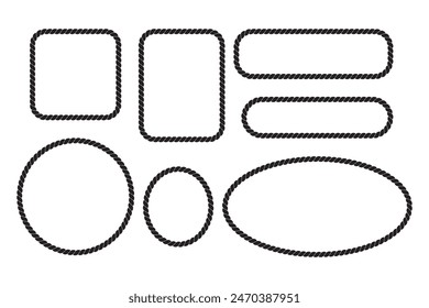 Braided rope frames. Collection of borders in the shape of square, circle and oval. Vector pack of thin and thick elements isolated on a white background.