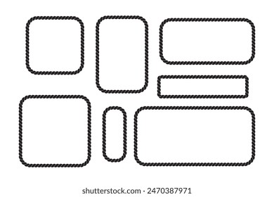 Braided rope frames. Collection of borders in the shape of square, circle and oval. Vector pack of thin and thick elements isolated on a white background.