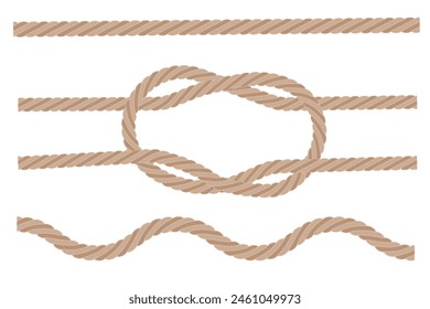 Braided rope knot. Beige twisted cord. Seamless vector lines. Nautical design element.