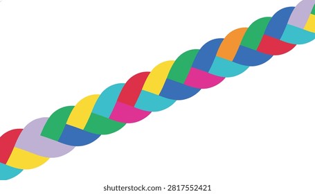 Braided rope segment consisting of multiple vibrant colors woven together in a tight, seamless pattern on a plain background.