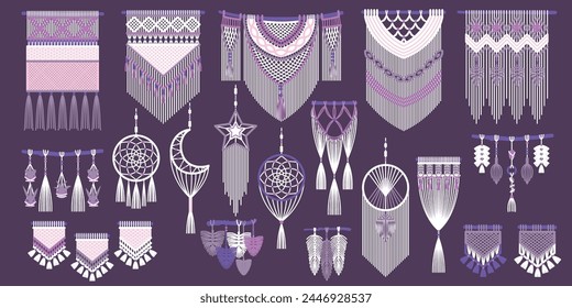 Decoraciones de pared de cuerda trenzada. Colgando productos de macramé, Elementos de punto hechos a mano, acogedor estilo boho casero, hilo escandinavo hygge ornamento, Vector ordenado dibujos animados planos aislados conjunto