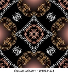 Braided swirl lines floral seamless pattern. Ethnic ornamental vector background. Repeat decorative knitted ornaments. Hand drawn colorful textured design with cable knittes, ropes, string, flowers.