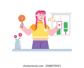 Braided woman playing music while holding a lollipop, a sweet candy. Design character. Vector flat illustration