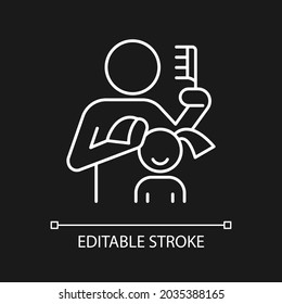 Braiding daughter pigtails white linear icon for dark theme. Bonding experience. Brush child hair. Thin line customizable illustration. Isolated vector contour symbol for night mode. Editable stroke