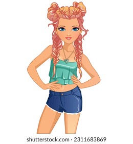 Braids and Buns Hairstyle Cute Cartoon Character Doll. Vektorgrafik