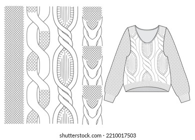 Braids with Dropped loops and pearl pattern set for knitted clothes technical sketch.