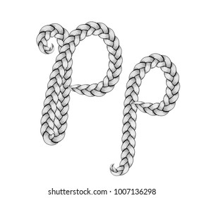 Braids font. Alphabet made from hairstyle plaits. Braided hair font. Letter P