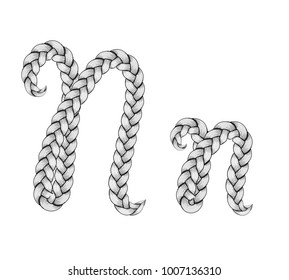 Braids font. Alphabet made from hairstyle plaits. Braided hair font. Letter N