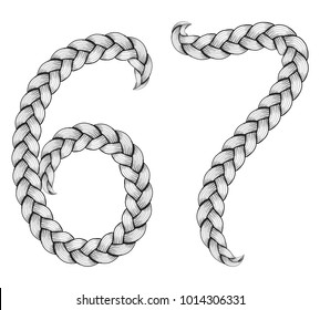 Braids font. Alphabet made from hairstyle plaits. Digits 6, 7