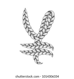 Braids font. Alphabet made from hairstyle plaits. Japanese Yen symbol