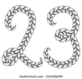 Braids font. Alphabet made from hairstyle plaits. Digits 2, 3