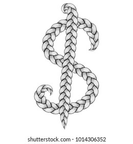 Braids font. Alphabet made from hairstyle plaits. United States Dollar symbol
