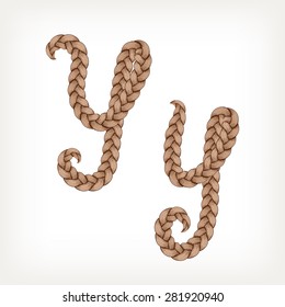 Braids font. Alphabet made from hairstyle plaits. Letter Y