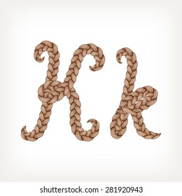 Braids font. Alphabet made from hairstyle plaits. Letter K