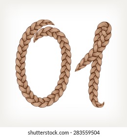Braids font. Alphabet made from hairstyle plaits. Digits 0, 1