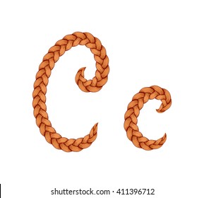 Braids font. Alphabet made from hairstyle plaits. Braided hair font. Letter C