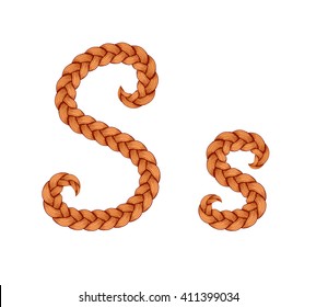 Braids font. Alphabet made from hairstyle plaits. Braided hair font. Letter S