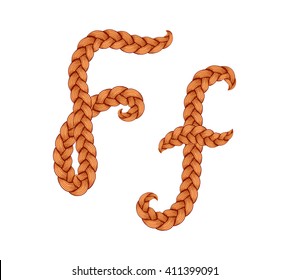 Braids font. Alphabet made from hairstyle plaits. Braided hair font. Letter F