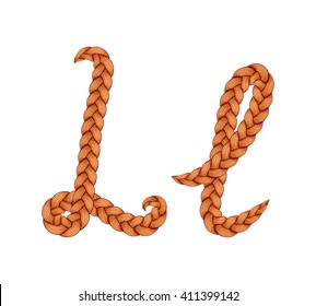 Braids font. Alphabet made from hairstyle plaits. Braided hair font. Letter L