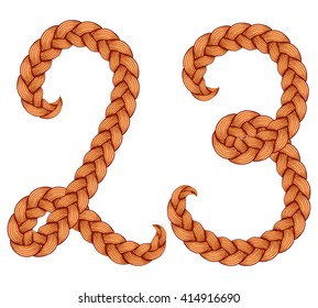 Braids font. Alphabet made from hairstyle plaits. Digits 2, 3