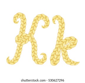 Braids font. Alphabet made from hairstyle plaits. Braided hair font. Letter K